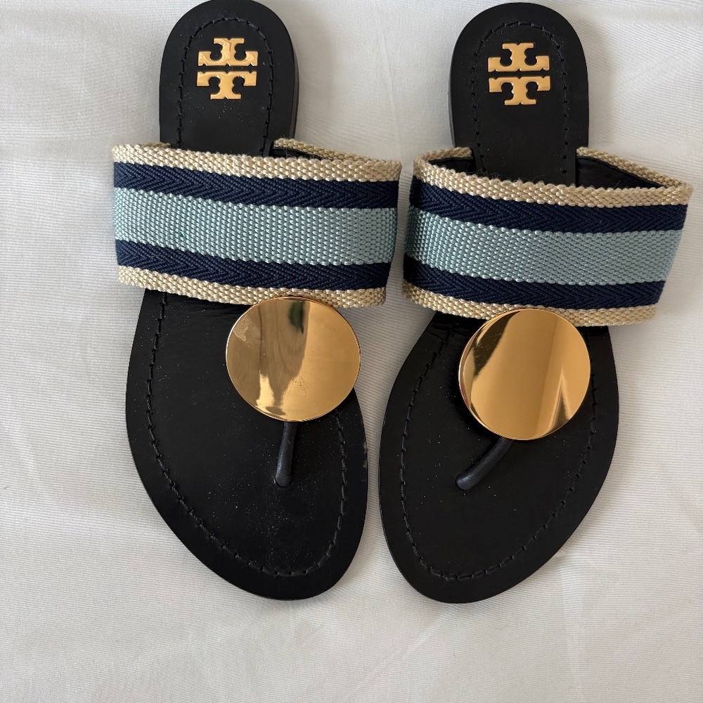 Tory Burch Black Sandal with Navy and Light Blue Striped Strap and Gold Accent